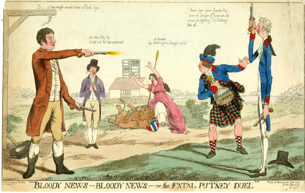 Ein Cartoon zeigt einen Mann in einem Kilt mit einer Waffe, eine Frau in einem Kleid und einen Hund, der vor ihnen liegt. Im Hintergrund sind ein Haus, Pflanzen und Bäume zu sehen, und am unteren Rand steht der Text "Bloody News - Bloody News oder das verhängnisvolle Duell von Putney"