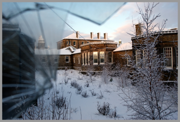 Ein Haus mit Schnee auf dem Dach und Schnee und Pflanzen am Boden.