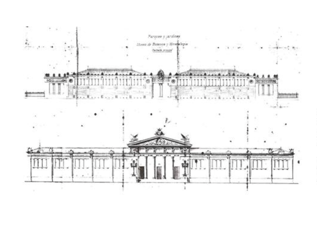 Ein detailliertesBlueprint-Zeichnung des Berliner Doms in Berlin, Deutschland, mit detaillierten Fenstern, Säulen, Dach und Textanmerkungen.