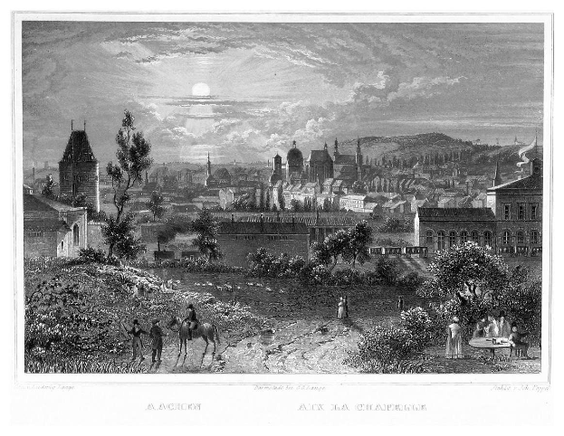 Eine Schwarz-Weiß-Radierung einer Stadtlandschaft mit Vollmond, mit Bäumen, Pflanzen, Menschen und Gebäuden, und dem Text 'Aachen, die Hauptstadt von Deutschland' unten.