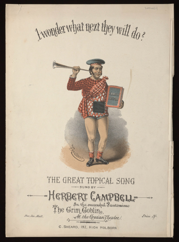Eine Person in buntem Outfit hält ein Musikinstrument und strahlt, mit einem Blatt, auf dem 'Das Große Aktuelle Lied von Herbert Campbell' steht.