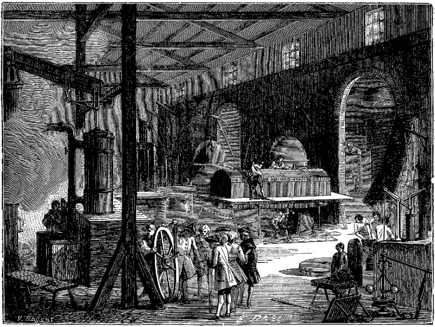 Schwarz-weißer Stich von einem 19. Jahrhundert Fabrikinneren mit dem Titel "Die Mühle", der Arbeiter zeigt, die auf dem Boden stehen und sitzen, umgeben von verstreuten Werkzeugen und Maschinen.