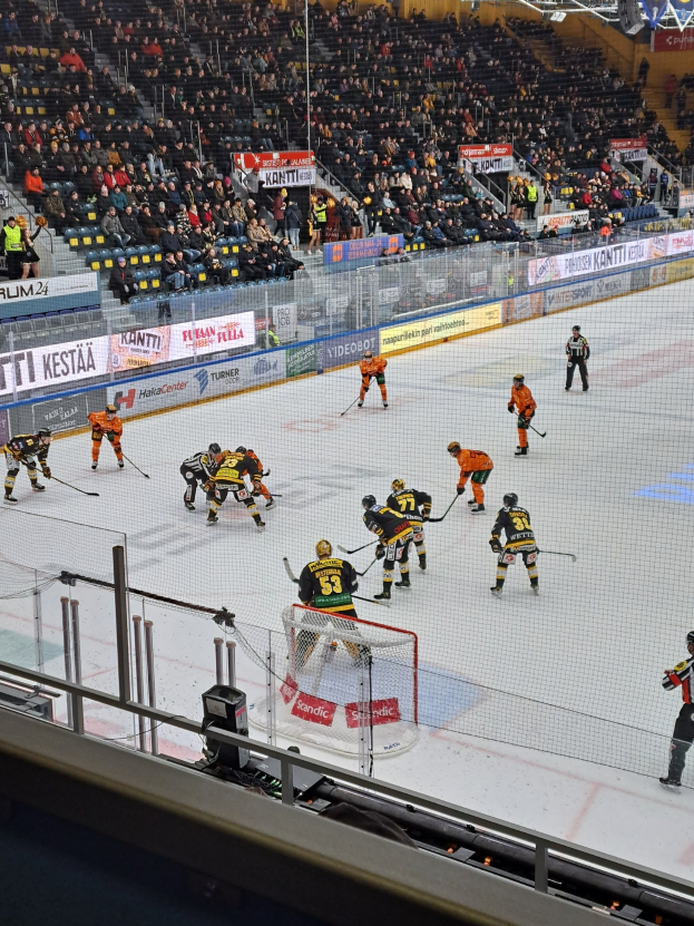 Eine Gruppe von Menschen, die Hockey auf einer Indoor-Eisfläche mit einem Netz spielen, umgeben von einem Zaun, unter Stadionbeleuchtung, mit Zuschauern im Hintergrund und sichtbaren Bannern.