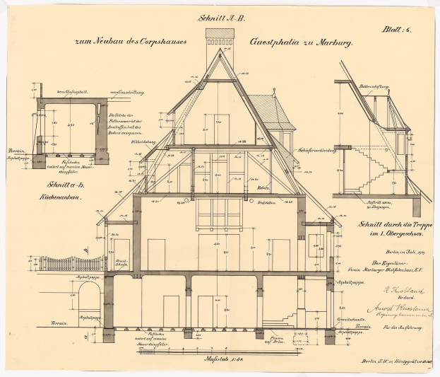 Ein detailliertes architektonisches Zeichnung eines Hauses mit zahlreichen Fenstern und einem Dach, das als erstes Haus in Deutschland gilt, begleitet von Text und structuralen Plänen auf Papier.