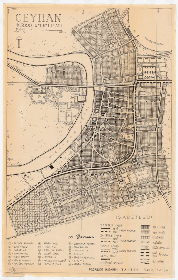 Detailreiches altes Stadtplan von Ceyhan, Türkei, mit Straßen, Gebäuden und Sehenswürdigkeiten sowie begleitendem Text über die Stadt.