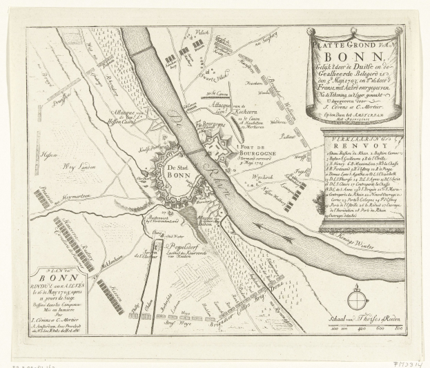 Alte detaillierte Karte von Bonn, Frankreich, zeigt Straßen, Gebäude, Sehenswürdigkeiten und textuelle Informationen über die Stadt.