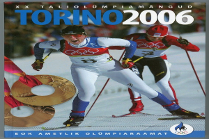 Plakat für die Olympischen Winterspiele 2006 in Turin, Italien, das zwei Skifahrer auf Schnee mit Skist├Âcken und dem Text "Torino 2006" über ihnen zeigt.