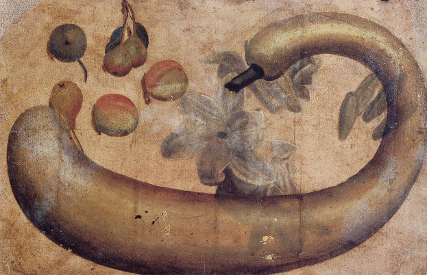 Gemälde einer Banane mit einer Blume darauf, umgeben von verschiedenen Früchten und Blättern auf Papier mit leuchtenden Farben und deutlichen Details.