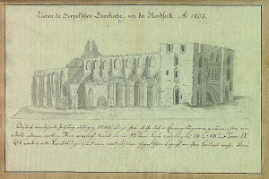 Ein detaillierter Scherenschnitt einer verfallenen Kirche in Deutschland mit detaillierten architektonischen Elementen wie Fenstern, Bögen und Säulen, vor einer grünen Landschaft, begleitet von beschreibendem Text auf dem Papier.