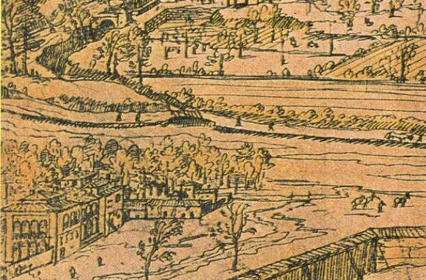 Ein detailliertes Stadtbild mit einer gewundenen Flusslauf, umgeben von üppigen grünen Bäumen und hohen Gebäuden, die eine friedliche Atmosphäre vermitteln.