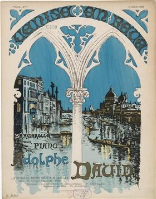 Plakatankündigung für ein Klavierkonzert in Venedig, Italien, mit einem Bild von Gebäuden, Wasser und einer Säule mit Text.