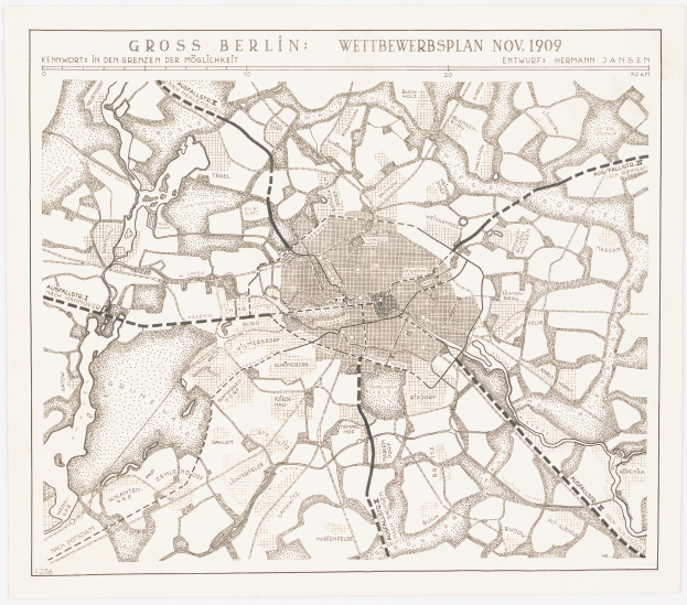 Ein detaillierter Stadtplan von Berlin, Deutschland aus dem Jahr 1909 mit Text, der einen Überblick über das Gebiet gibt.