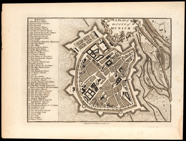 Schwarze und weiße Karte von München, Deutschland, mit detaillierten Straßen, Gebäuden und Sehenswürdigkeiten auf einem dunklen Hintergrund.