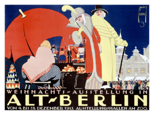 Plakat für eine Zirkusveranstaltung in Berlin, Deutschland, mit einer farbenfrohen Illustration von Menschen, Gebäuden und Gegenständen und der Aufschrift "Weihnachtsausstellung in Alt-Berlin" oben.