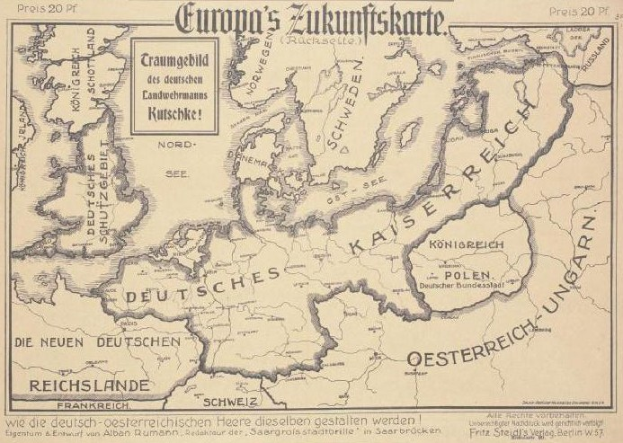 Ein verblichener Landkartenausschnitt aus dem frühen 20. Jahrhundert mit handgeschriebener Text, der das Ausmaß der Europäischen Union zeigt.