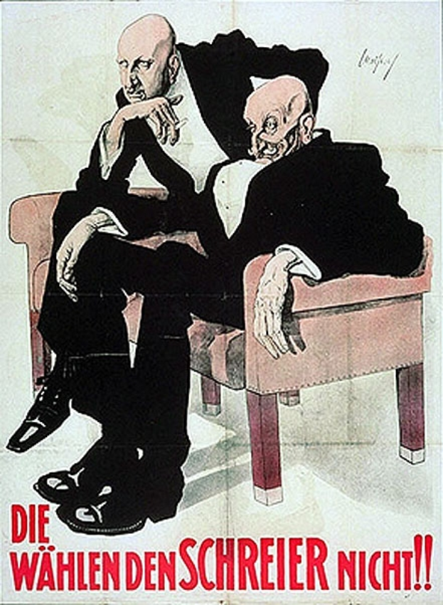 Ein deutsches Propagandaplakat der NSDAP mit zwei M├Ąnnern auf einem Sofa, mit Text, der Informationen ├╝ber die Partei enth├Ąlt.