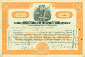 Ein altes Aktienzertifikat der Rickenbacker Motor Company mit gedrucktem Text und Zahlen.