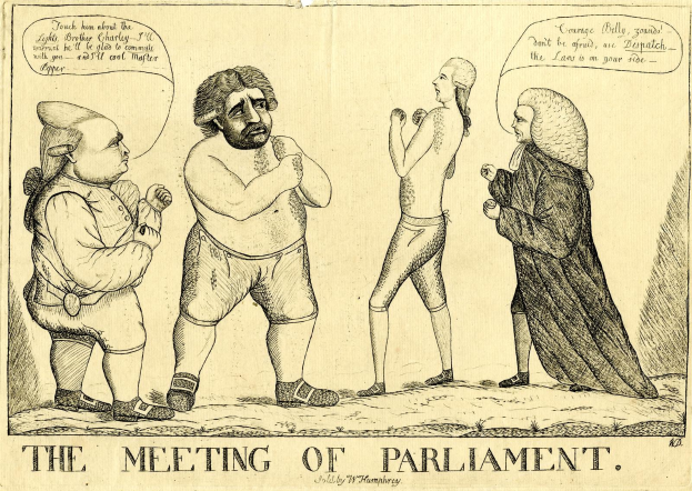 Eine handgezeichnete Skizze von drei Menschen, die stehen und sich unterhalten, mit einem, der animiert gestikuliert, beschriftet mit "Die Parlamentssitzung" unten.