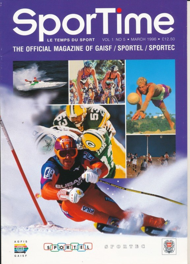 Titelbild von *Sporttime Magazine* März 1996 mit Skifahren und Snowboarden-Imagerie mit Text und Logos.