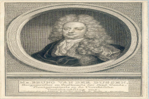 Eine Gravur eines Mannes mit langen lockigen Haaren in einem schwarzen Kleid, mit dem Text 'Bruno van der Dussen' unten.