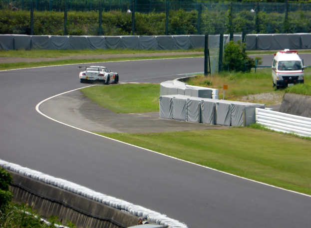 Ein Rennwagen fährt auf einer Rennstrecke mit einem Polizeiauto im Hintergrund, umgeben von Gras, Pflanzen, Bäumen und Absperrungen, mit einem Fahrzeug auf der rechten Seite und Text unten.