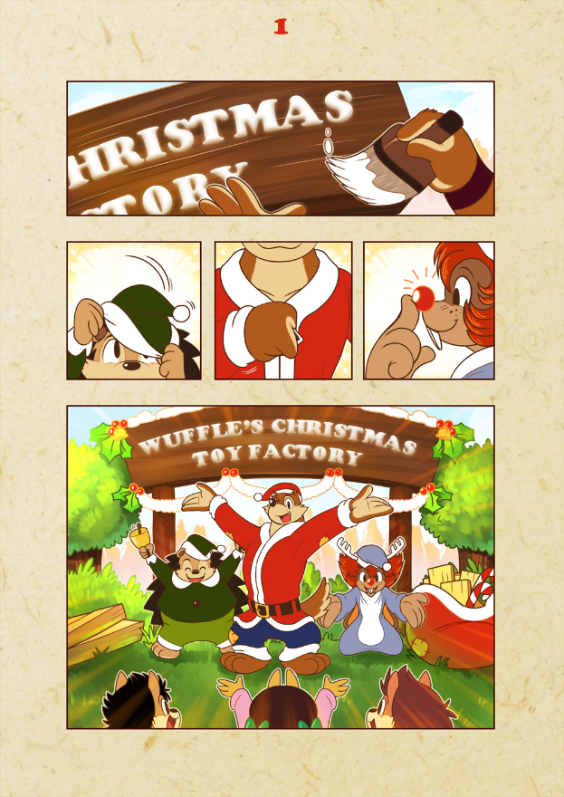 Ein Plakat mit rotem Hintergrund und weißer Schrift, auf dem "Wuffles' Weihnachts-Spielzeug-Fabrik" steht, mit Cartoon-Figuren wie einem Weihnachtsbaum, Schneemann, Rentier und Lebkuchenmann in Weihnachtskleidung.