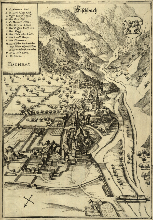 Ein altes Fischbach-Stadtplanbild mit Häusern, Bäumen, Hügeln und einem gewundenen Fluss, begleitet von Text.