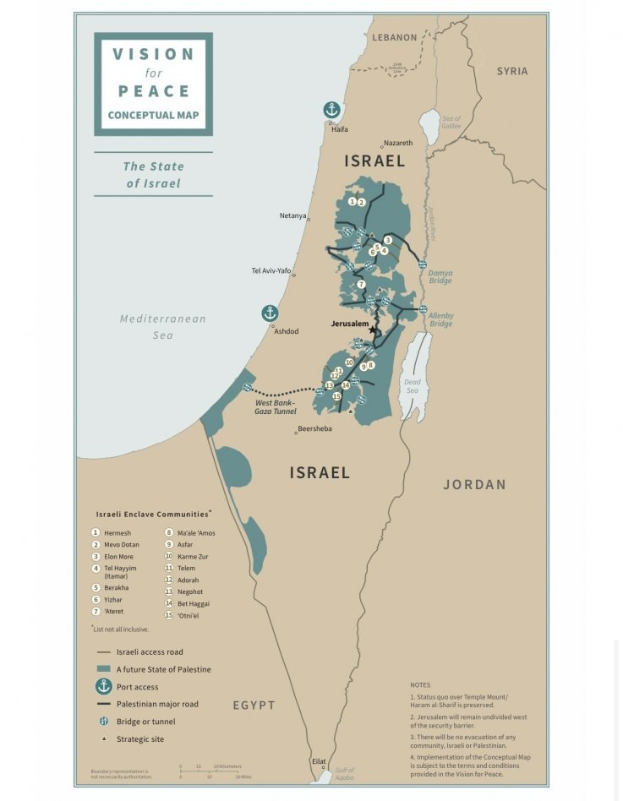 Plakat mit der Aufschrift "Vision für Friedenskonzept-Karte" zeigt eine farbcodierte Karte Israels mit fetter schwarzer Schrift oben.